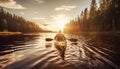 Sunset canoeing adventure, tranquil beauty in nature generated by AI Royalty Free Stock Photo