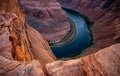 Sunset in Canyon. Horseshoe Bend in Page. Travel Lifestyle success concept. Canyon american national park.