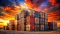 Sunset cargo containers stacked at a distribution center. Generative AI Royalty Free Stock Photo
