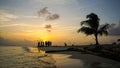 Sunset on Caribbean Beach with Palm Tree on the San Blas Islands between Panama and Colombia. Royalty Free Stock Photo