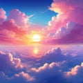 Sunset Cartoon summer sunrise with pink clouds and evening cloudy heaven Beautiful cloudscape with fluffy colorful