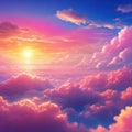 Sunset Cartoon summer sunrise with pink clouds and evening cloudy heaven Beautiful cloudscape with fluffy colorful