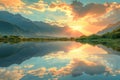 Sunset Casting Rays Over a Serene Mountain Lake. Royalty Free Stock Photo