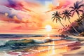 Sunset Casting a Warm Glow Over a Tranquil Beach, Palm Trees Swaying, Ocean\'s Gentle Undulations Reflecting Light