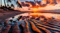 Sunset casts a fiery glow over a tropical beach, with palm trees silhouetted against a vibrant sky reflected on wet sand ripples. Royalty Free Stock Photo