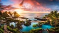Sunset casts a tranquil glow over a Hawaiian resort, with its infinity pool blending into the sea Royalty Free Stock Photo