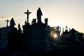 Sunset at Cementerio General with backlight and silhouettes of the tombs, Merida, Mexico Royalty Free Stock Photo