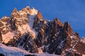 Sunset on the Chamonix Needles.Mont Blanc mountain range, Chamonix, Haute-Savoie, Alps, France Royalty Free Stock Photo