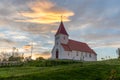 Sunset at church of Hrisey in Iceland