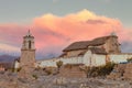 Sunset at the church of Tomarapi, Sajama National Park, Bolivia Royalty Free Stock Photo