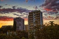 Sunset in the city of Cracow, Poland. View of the residential area.