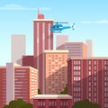 Sunset city landscape with flying helicopter