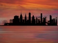 Sunset  city New York  view from window shadow urban   sunset at sea gold reflection in water wave  nature landscape summer Travel Royalty Free Stock Photo