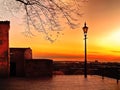 Sunset city panorama Old Town Of Tallinn ,Estonia view platform  from medieval Old Wall balcony beautiful romantic summer evening Royalty Free Stock Photo