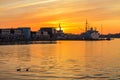 Sunset in the city port of Rostock, Germany Royalty Free Stock Photo