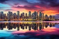 Sunset in the city with reflection of skyscrapers in water, Beautiful view of downtown Vancouver skyline, British Columbia, Canada Royalty Free Stock Photo