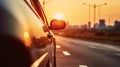 Sunset in the city, summer sunset on the highway cars. Close up from car side mirror, Generative AI Royalty Free Stock Photo