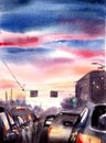 Sunset in the city - watercolor illustration