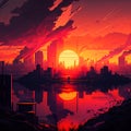 Sunset cityscape illustration. Created using ai generative. Royalty Free Stock Photo