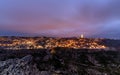 Sunset cityscape of Matera, culture capital 2019 of italy. twilight amazing landscape. Purple and blue sky Royalty Free Stock Photo