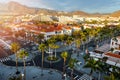 sunset cityscape of Playa de las Americas holiday resort streets in Tenerife. Canary islands Royalty Free Stock Photo