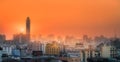 Sunset cityscape with skyscrapers and slum Bangkok, Thailand Royalty Free Stock Photo