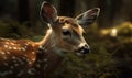 sunset close up photo of fallow deer Dama dama on blurry forest background. Generative AI