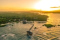 Sunset at Cloud Nine Surfing Area, Siargao Island, Philippines. Aerial Drone shot. Royalty Free Stock Photo