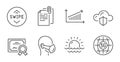 Sunset, Cloud protection and Document attachment icons set. Swipe up, Chart and 5g internet signs. Vector Royalty Free Stock Photo