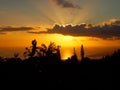 Sunset through the clouds over the ocean seen from Tantalus mountain past tropical silhouette of trees Royalty Free Stock Photo