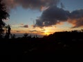 Sunset through the clouds over the ocean seen from Tantalus mountain past tropical silhouette of trees Royalty Free Stock Photo