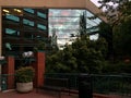 Sunset clouds reflected in plate glass windows of Good Samaritan Medical Center, Portland, Oregon