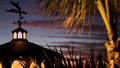 Sunset cloudscape, gazebo on beach, twilight dusk, dramatic sky. Alcove and vane Royalty Free Stock Photo