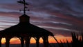 Sunset cloudscape, gazebo on beach, twilight dusk, dramatic sky. Alcove and vane