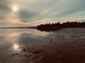 Sunset cloudy sky reflecting on the dirty water with silhouette trees on the horizon Royalty Free Stock Photo