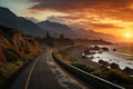 Sunset coastal highway scenic route through mountains and sea, sunrise and sunset wallpaper Royalty Free Stock Photo