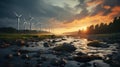 Sunset at Coastal Wind Farm with Rocky Shoreline Royalty Free Stock Photo