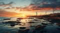 Sunset at Coastal Wind Farm with Rocky Shoreline Royalty Free Stock Photo