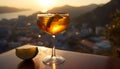 Sunset cocktail on balcony, overlooking cityscape, drinking white wine generated by AI