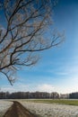 Sunset in a cold white winter day landscape. Road through rural area frosted fields Royalty Free Stock Photo