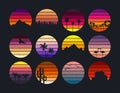 Sunset collection with grunge in retro style for print. Vintage sunsets in different colors with mountains and palm trees, forest