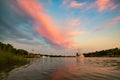 Sunset over Jordan creek with a shrimp boat in the background.