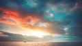 Sunset with colorful clouds over seascape aerial. Sun setting water reflection. Romantic cloudscape Royalty Free Stock Photo