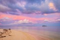 Sunset colorful sky on sea, tropical desert beach, no people, dramatic clouds, travel destination getting away, long exposure