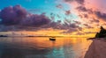 Sunset colorful sky on sea, tropical desert beach, no people, dramatic clouds, travel destination getting away, long exposure