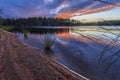 Sunset colors in the border of Ala-Juumajarvi lake in Oulanka National Park. Ostrobothnia, Finland Royalty Free Stock Photo