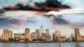 Sunset colors over Canary Wharf skyline, London - UK Royalty Free Stock Photo