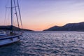 Sunset colors over the harbor of Lipsi island, Dodecanese, Greece Royalty Free Stock Photo