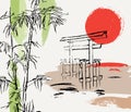 Sunset composition with bamboo, japanese gate and abstract shapes. Torii. Idea for wedding invitations, flyers