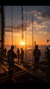 At sunset, construction site silhouettes include crane and diligent workers Royalty Free Stock Photo